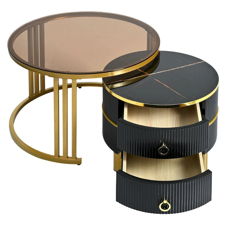 Mieres Modern Stackable Coffee Table, Nesting Coffee Table Set of 2, Side Tables with Brown Tempered Glass Tabletop