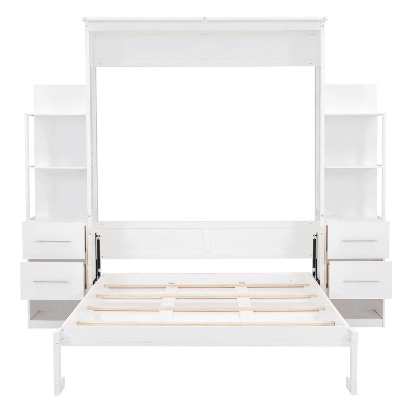 Queen Size Wall Bed with Shelves, Drawers and LED Lights