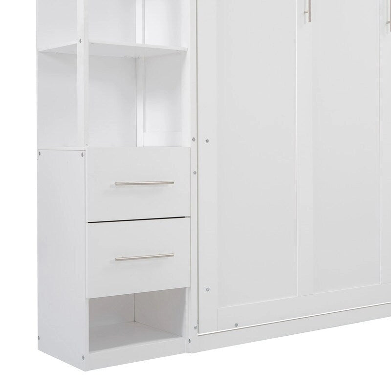 Queen Size Wall Bed with Shelves, Drawers and LED Lights