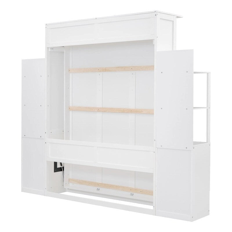 Queen Size Wall Bed with Shelves, Drawers and LED Lights