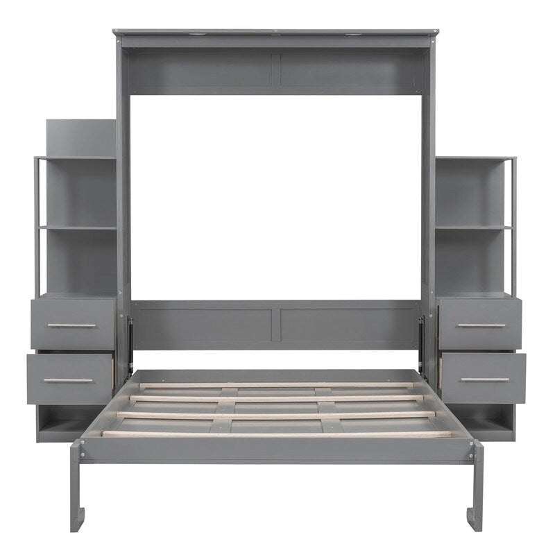 Queen Size Wall Bed with Shelves, Drawers and LED Lights