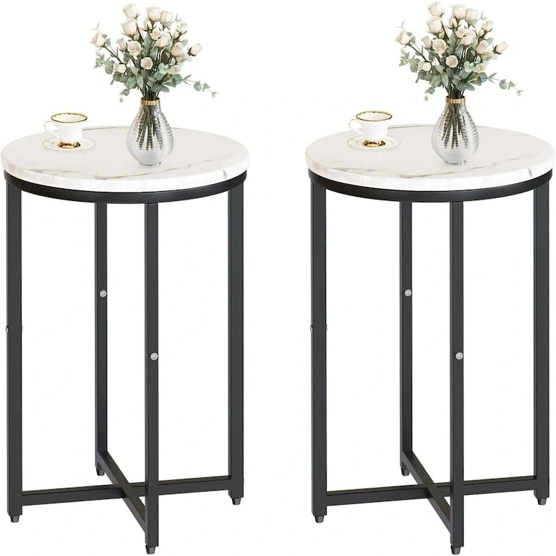 Round End Table Set of 2 with Faux Marble Top and Metal Frame