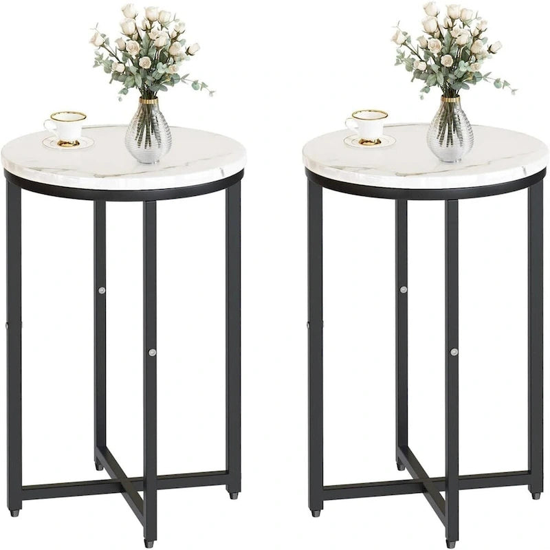 Round End Table Set of 2 with Faux Marble Top and Metal Frame