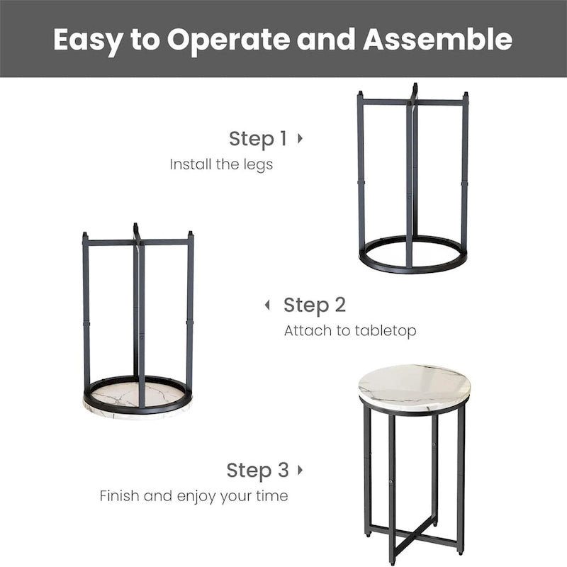 Round End Table Set of 2 with Faux Marble Top and Metal Frame
