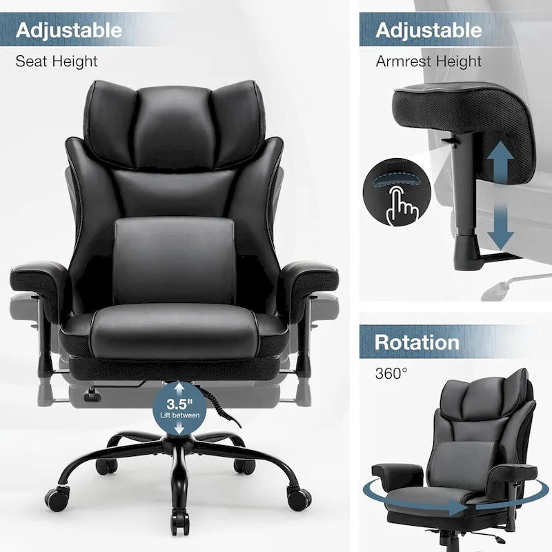 Schreibtischstuhl mit Wippfunktion, ergonomischer Chefsessel mit verstellbaren gepolsterten Armlehnen und Massage-Lordosenstütze
